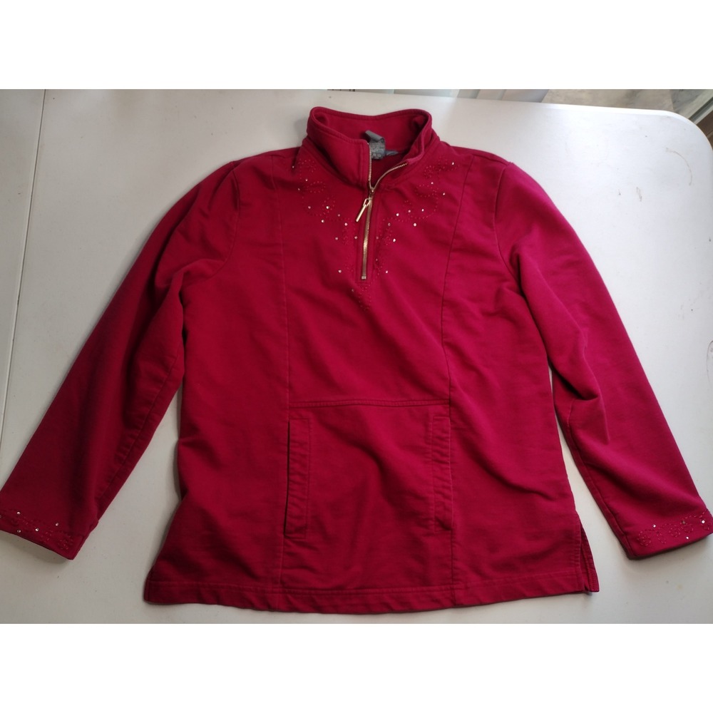 KORET Womens‎ Red Rhinestone Quarter Zip Fleece Pullover Sweatshirt Size M